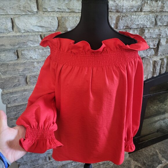 Tuckernuck Marguerite Off The Shoulder Blouse Red Smocked Ruffled Romantic Small - Picture 4 of 12